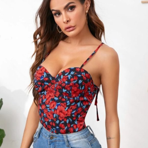 New Shein Red & Blue Floral Print Cami Top Size Small - Picture 2 of 7